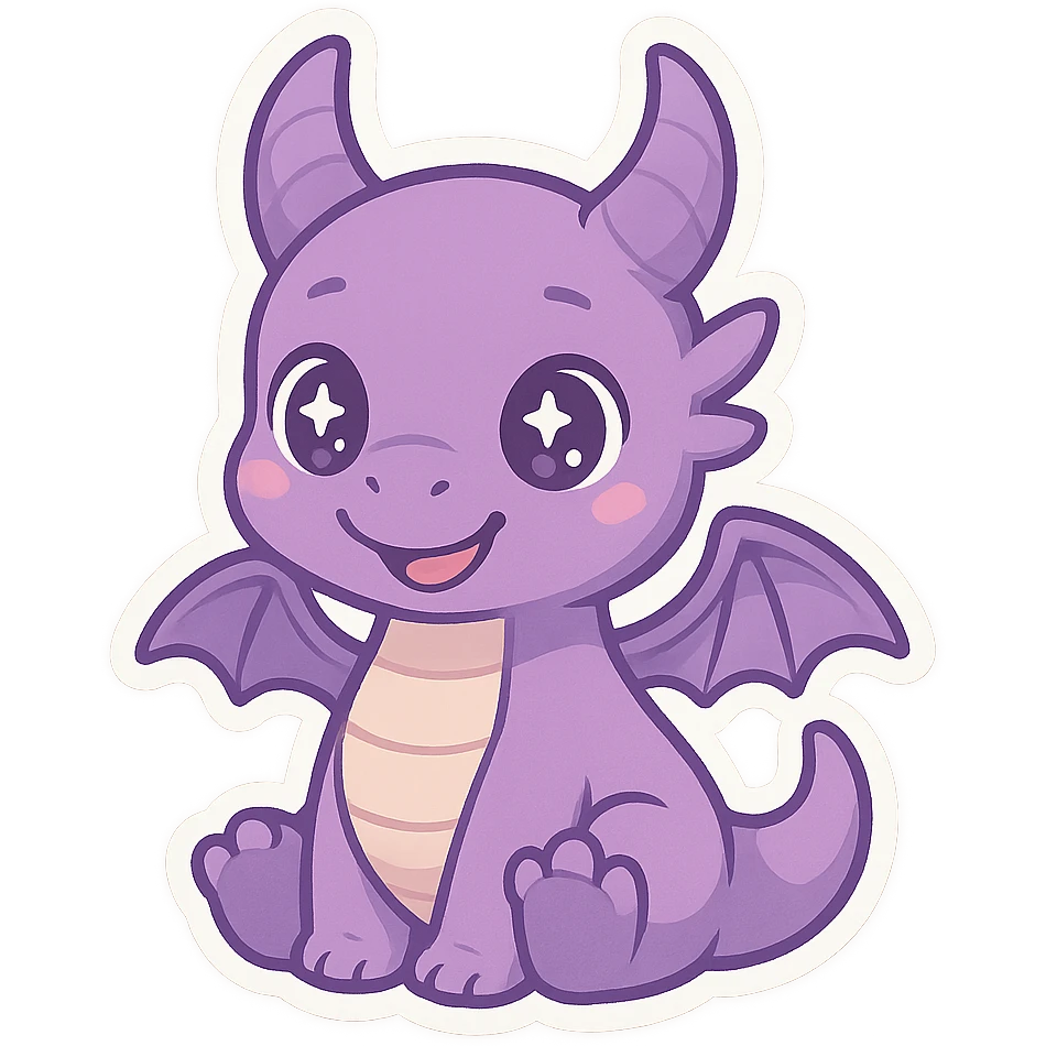 purple dragon in chibi anime style, sitting, smiling, sparkly eyes emoji