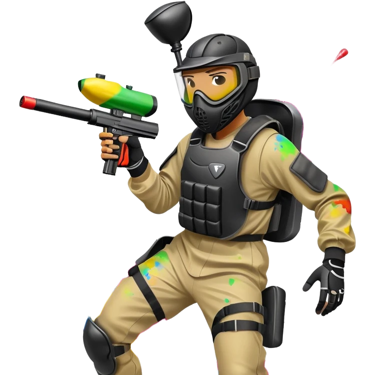 A dynamic scene of a player in action, holding a paintball gun and wearing protective gear. The background shows a vibrant paintball field with obstacles, colorful splatters of paint in the air, and an intense, competitive atmosphere. emoji