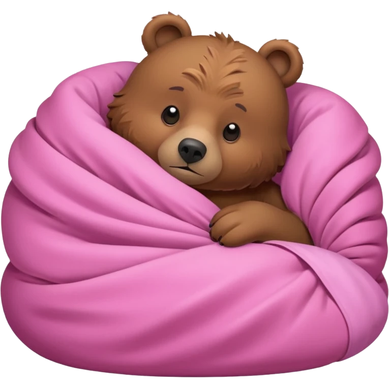 A brown bear lying on its side in a pink bed, curled up under the covers, trying to get comfortable. emoji