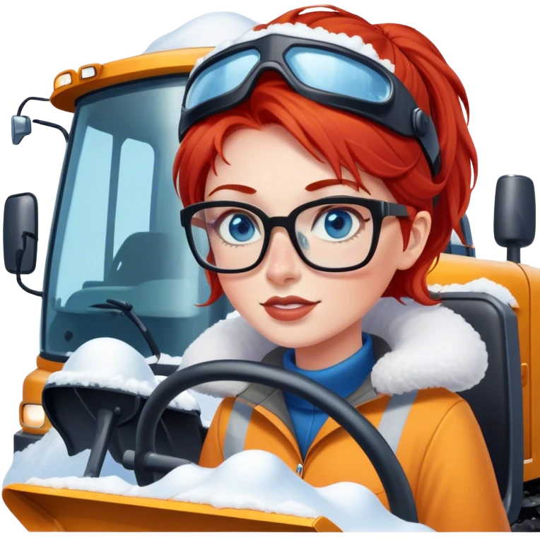 lady with red hair, blue eyes and glasses driving a big Snowplow emoji