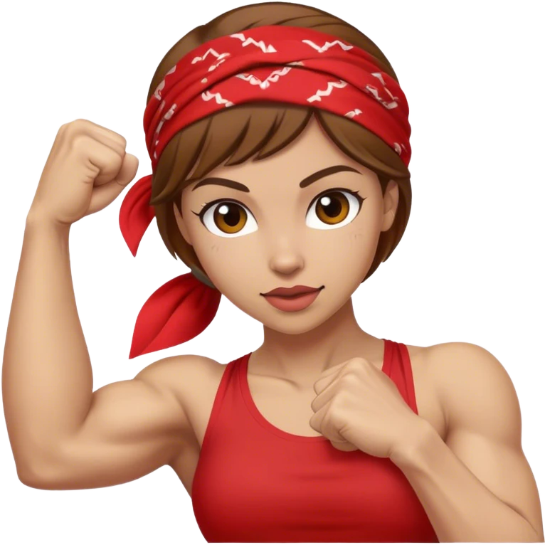 Light skin and brown hair with red bandana Rosie the Riveter shows biceps emoji