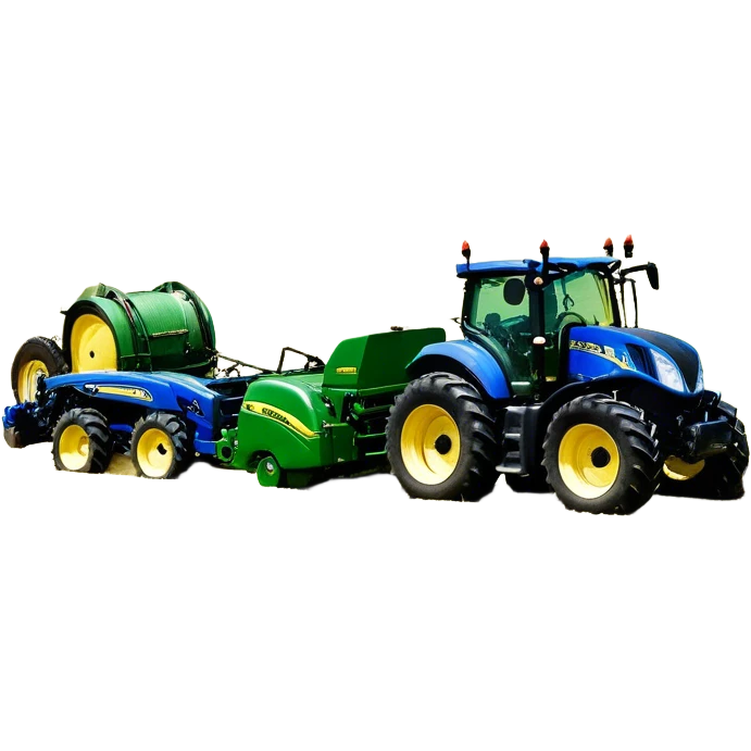 Baler – New Holland Roll-Belt 560 (2018) – Cinematic-realistic John Deere 6155M tractor towing a New Holland Roll-Belt 560 baler, its deep green body contrasting with the bright blue baler. The massive machine moves steadily through golden fields, compressing freshly cut hay into tight round bales, while dust swirls under the blazing afternoon sun. emoji