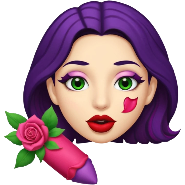 Big Puerto Rican colored dildo inside a juicy mouth  with blackish purple hair and Italian skin color with green almond shapes eyes, magical mouth with lips shapes  rose petal /bud place huge didlo inside of mouth  emoji