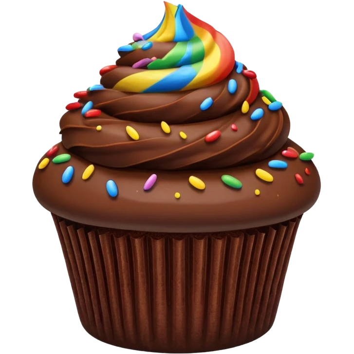 chocolate cupcake with chocolate frosting only, rainbow sprinkles emoji