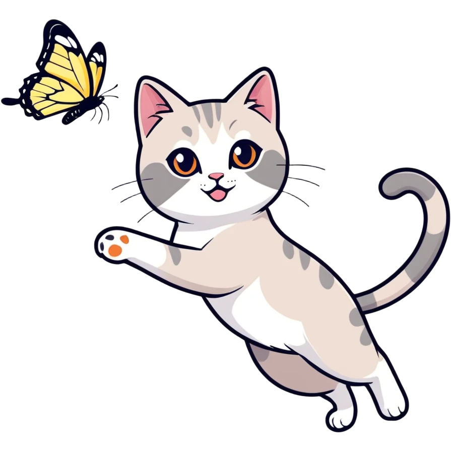 A gray-eyed Thai cat catches a colorful butterfly in mid-air. emoji