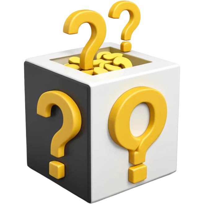 white cube shaped box printed with "q&a" over stuffed with yellow question marks emoji