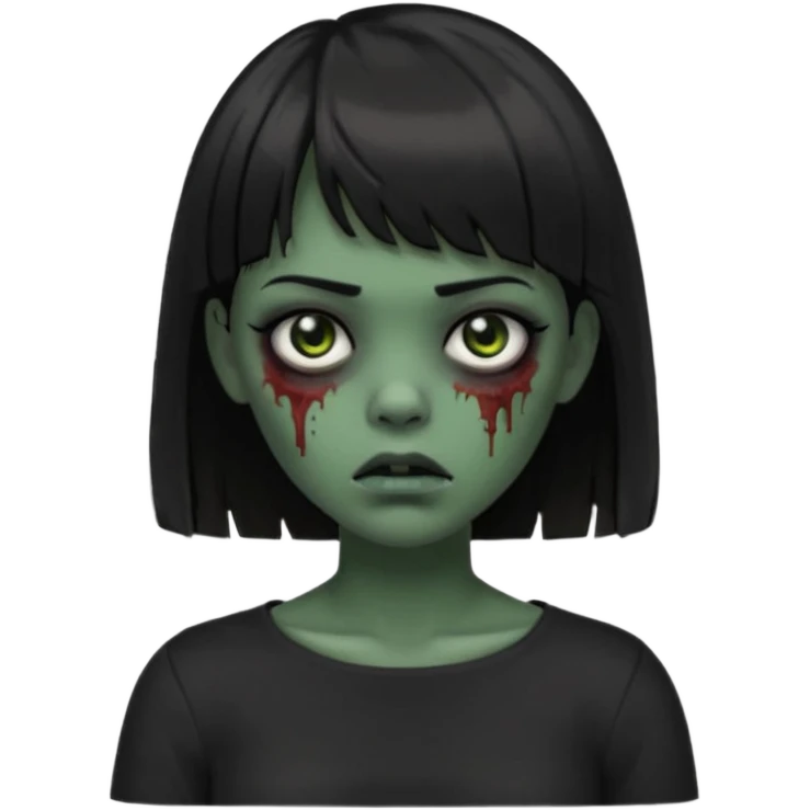 Zombie girl emoji verde escuro com cabelo curto liso preto no ombro e franja na altura da sobrancelha cobrindo completamente a testa, usando uma blusa preta, com olhos pretos  emoji