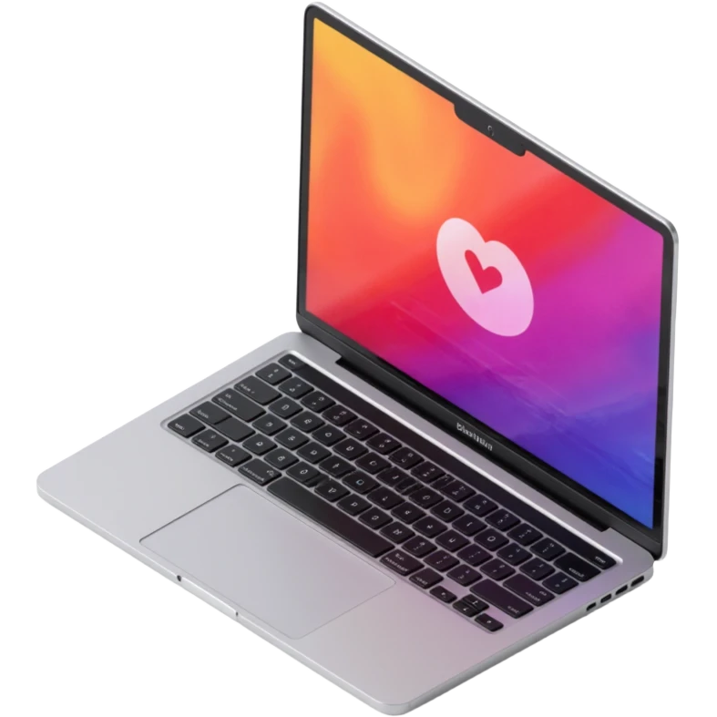 realistic MacBook laptop, open, displaying a colorful screen, skeuomorphism style emoji