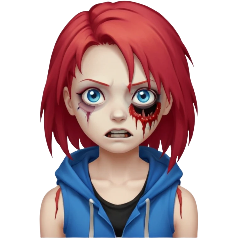 сделай рыжую девушку зомби с избитым лицом, не в полный рост, пусть ее рыжие волосы будут ниже груди с осветленными прядями, глаза у нее будут голубые, а одета она будет в дранную белую майку и черную зип худи emoji