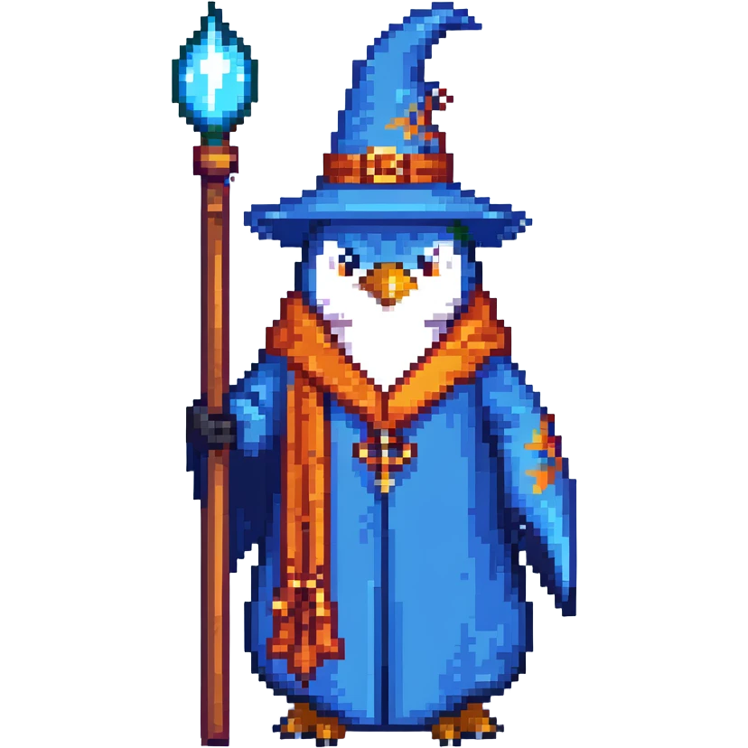 pixel art penguin wizard with a blue robe and staff emoji