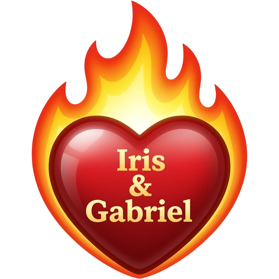 Un cœur en feu avec écrit « Iris & Gabriel » à l’intérieur en version emoji réaliste emoji