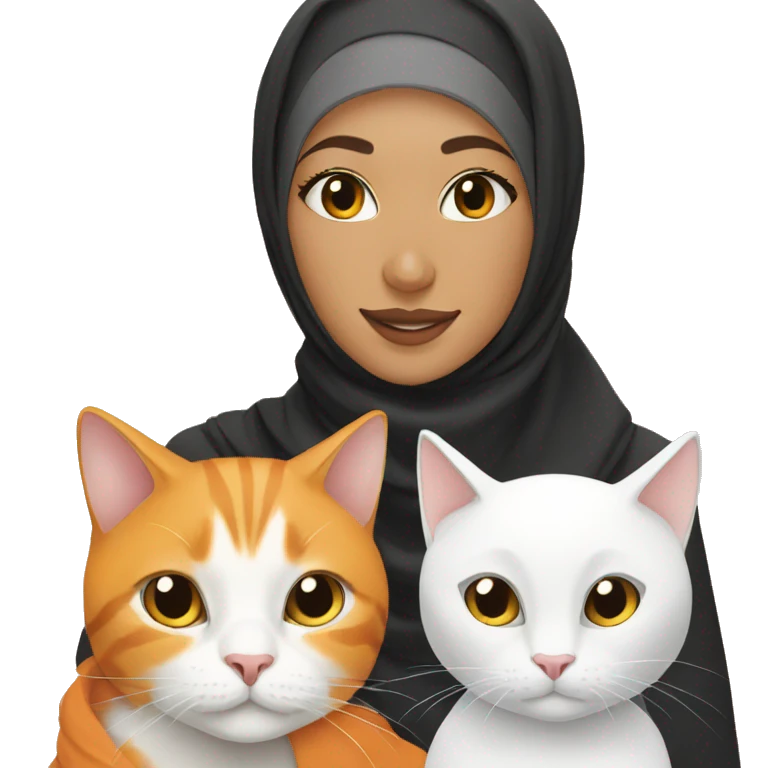 Hijabi girl with two cats, one orange cat and one white cat emoji