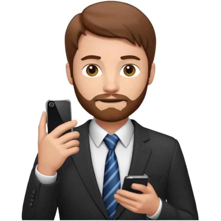 Un hombre con un poco de barba,  de traje con tez clara pelo color castaño, vestido con traje camisa y corbata y celular en mano .  emoji