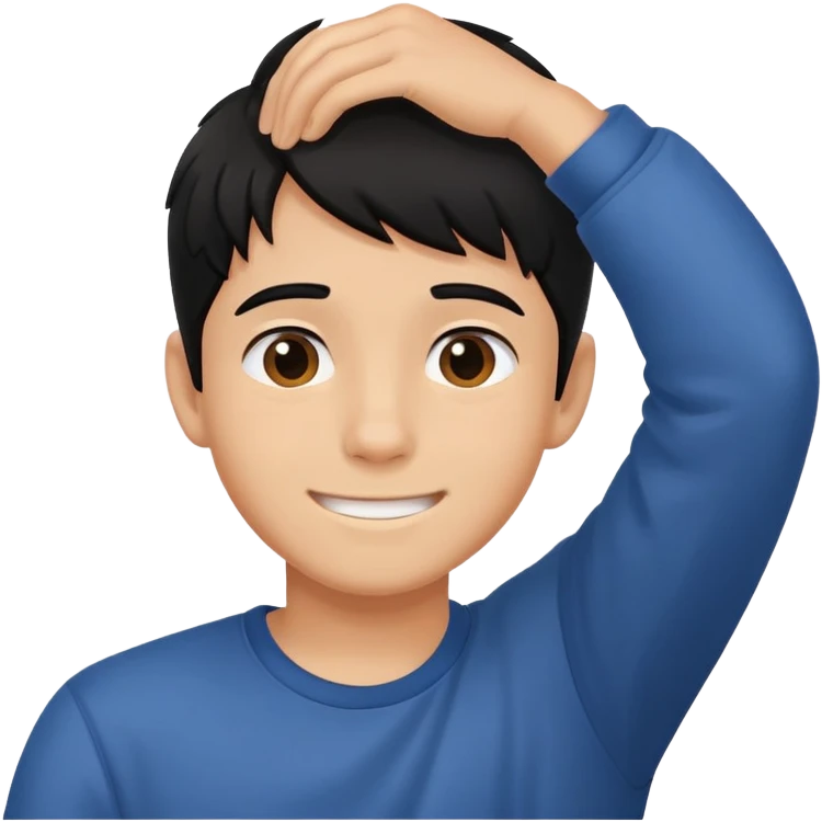embarrassed smiling boy with hand behind head and black hair emoji