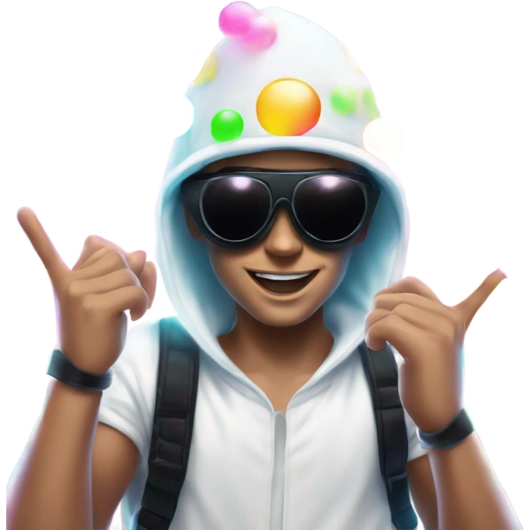 Caucasian boy at rave wearing a black mask and sunglasses a white glowing outfit and glowing hat with bubble guns in each hand with bubbles all around emoji