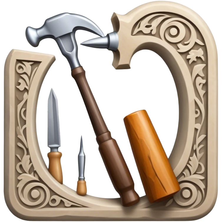 Carving icon, stone, bone, and horn with detailed patterns, carving tools like chisel, awl and hammer, minimalistic style, clean lines, transparent background. emoji