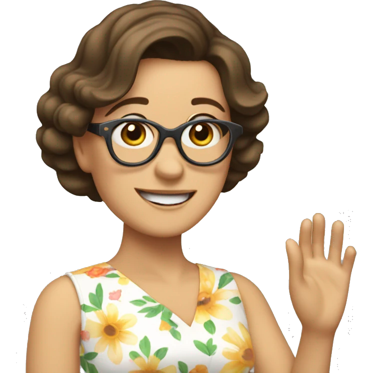 brunette white lady in flowery dress wearing glasses and waving  emoji