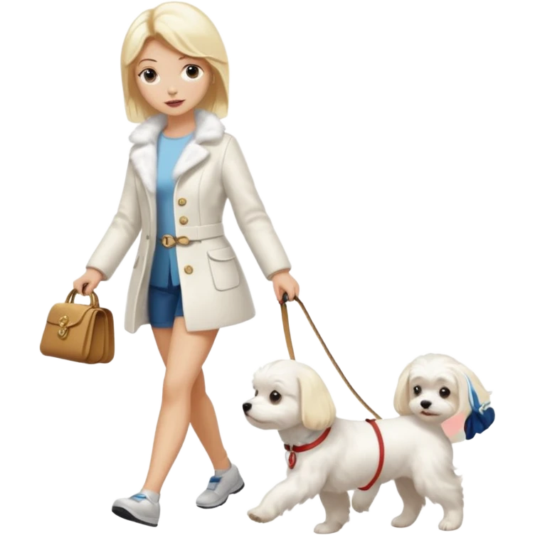 blonde woman walking Maltese dog emoji