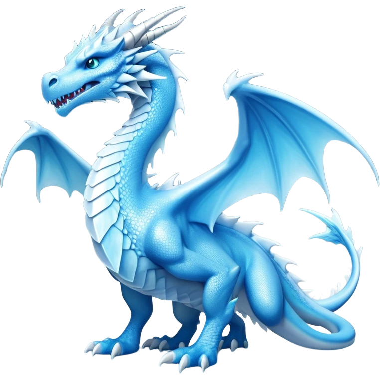 Cinematic Noble elegant Ice Dragon full body Emoji, Poised and imposing, distinct long elegant snout, with a slender, scaled body shimmering in glacial hues of icy blue, frostbitten silver, and crystalline white, breathing out frost, with piercing, glowing eyes that radiate the chilling depths of an arctic storm; rendered in detail. displaying its wings emoji