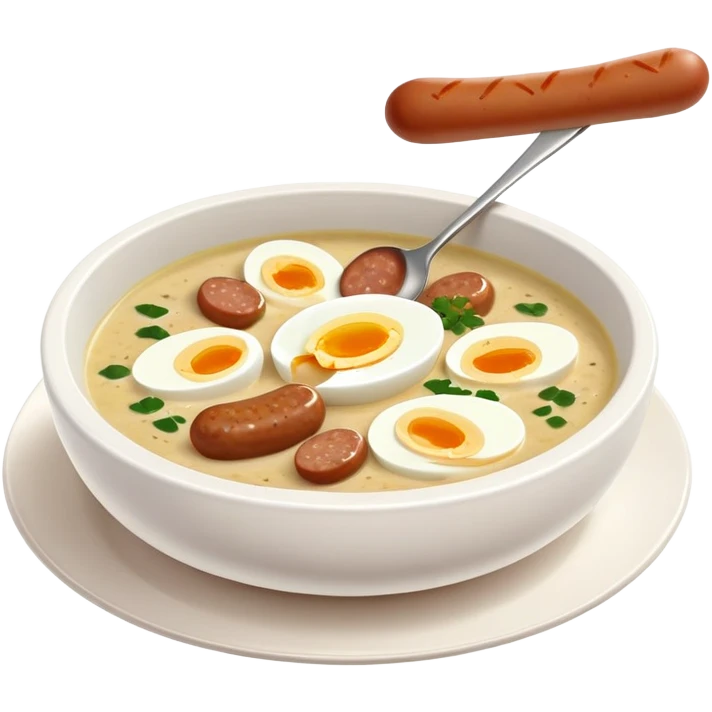 cinematic-realistic zurek-soup-dish-emoji,-depicted-as-a-tangy,-creamy-rye-soup-with-sausage-and-1 boiled egg-rendered-with-detailed-textures-and-warm,-comforting-lighting. emoji