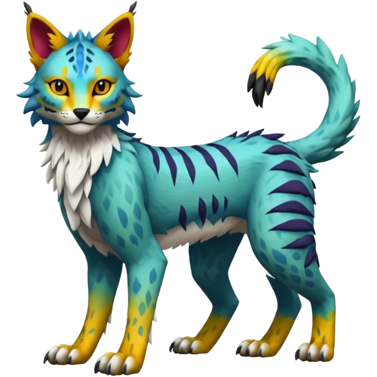 Colorful tropical edgy Lynx-Trico-Sergal-Wolf-Vernid-Fakémon-Pokémon-creature (full body) emoji