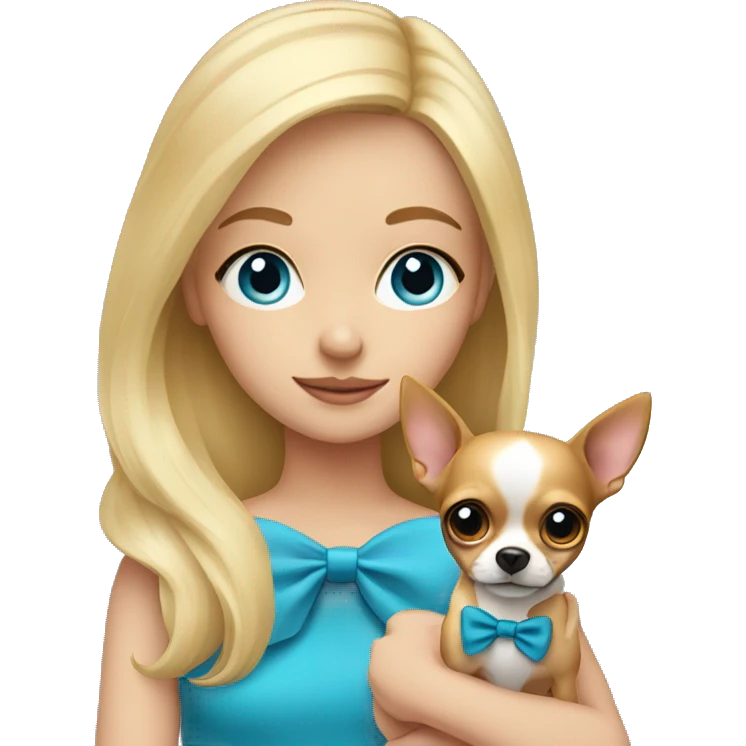 blonde girl with blue eyes wearing a bow holding her Chihuahua  emoji