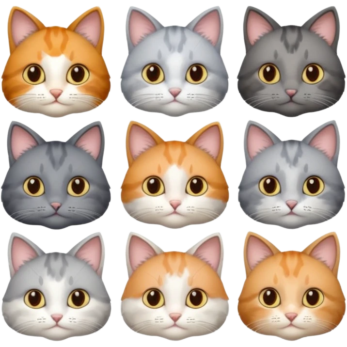 6 realistic looking cats with different natural coloured coats, assorted grey and white, greys, calicos etc
 emoji