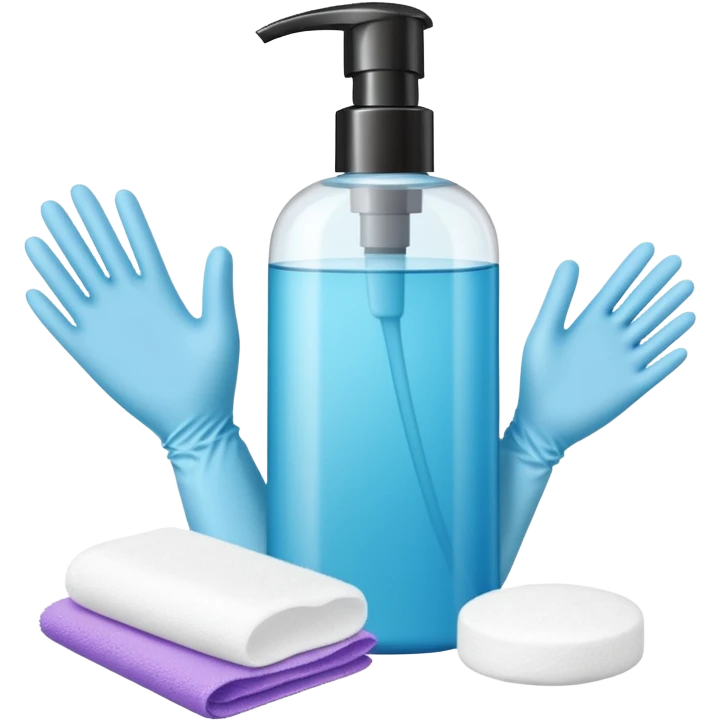 big (1L) bottle of shampoo, disposable gloves and cotton pads (for makeup) are standing on a table emoji
