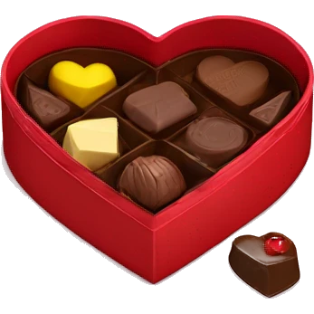 A heart shaped red chocolate box opened to reveal some chocolates inside emoji