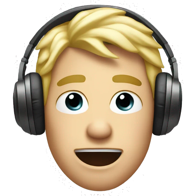 a blonde man listening o music with a surprised face emoji
