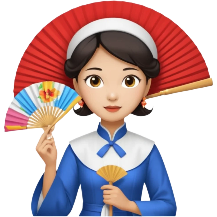 a vietnamese woman wearing a white ao dai holding a folding fan elegantly, wearing a nón lá emoji