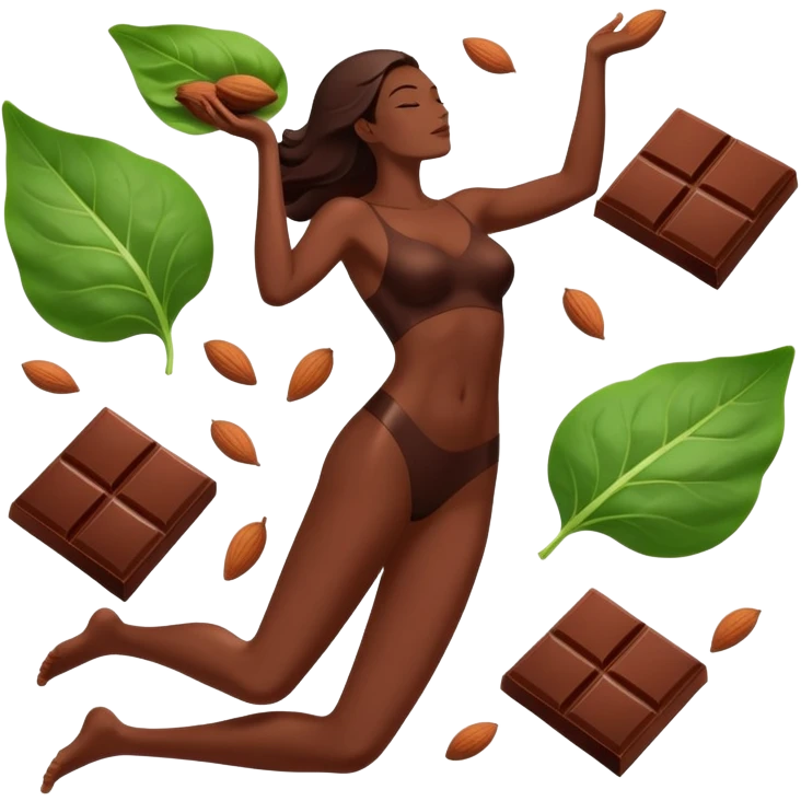 Relaxed body silhouette surrounded by floating food: several large, shiny dark chocolate squares prominently featured, along with spinach leaves, almonds, and seeds. Gentle light connecting these foods to muscles and nervous system, creating a calming effect throughout the body. emoji