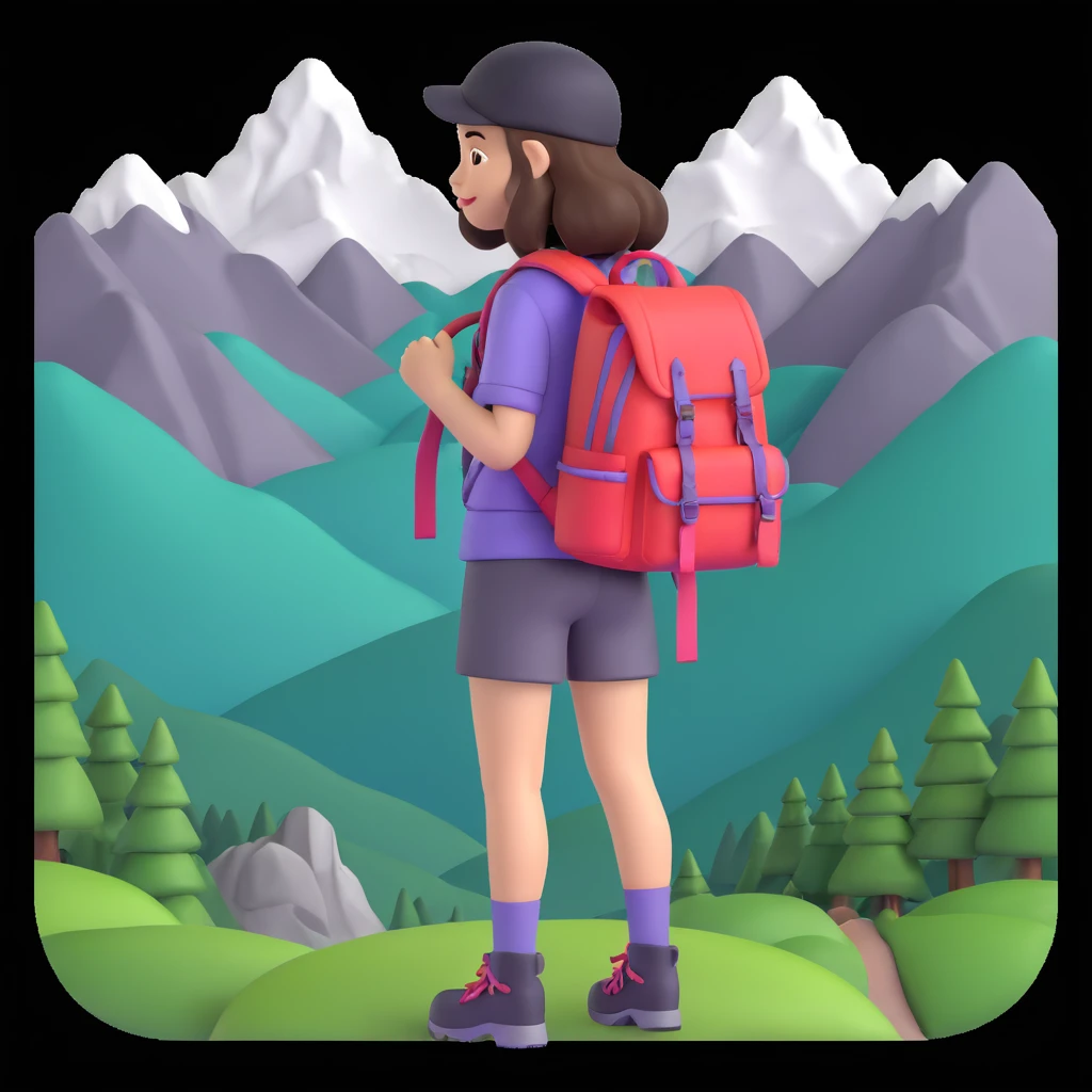 portrait of girl back packing mountains in background, close up pose emoji