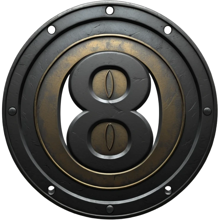 Minimal emoji, gothic metal coin made of black steel, engraved number 8 at the center, ancient industrial aesthetic, worn metal texture, no glow, no neon, flat emoji design, centered, transparent background emoji