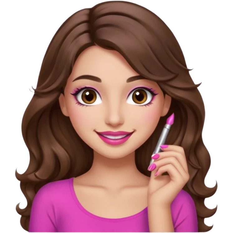 girl with long wavy brown hair, brown eyes, long lashes makeup, sexy pink lips, light to medium complexion, pink sexy top, smiling, hand by the cheek emoji