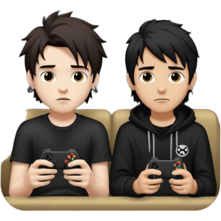 pale Goth boy with a bunch of face piercings, with shaggy dark brown hair, next to a tan skin gamer boy with long black hair , they are watching a movie together  emoji