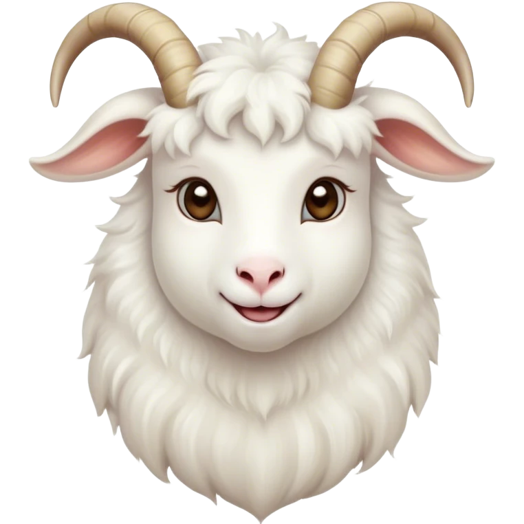 Cinematic Cute White Goat Portrait Emoji, Head tilted playfully and inquisitively, featuring a fluffy, immaculate white fur with charming curved horns, round, sparkling eyes filled with gentle curiosity, Simplified yet irresistibly adorable features, highly detailed, glowing with a warm, friendly glow, high shine, affectionate and lively, stylized with a touch of whimsical charm, bright and endearing, soft glowing outline, capturing the essence of a mischievous yet loving goat, so playful it feels like it could trot out of the screen and into your arms! emoji