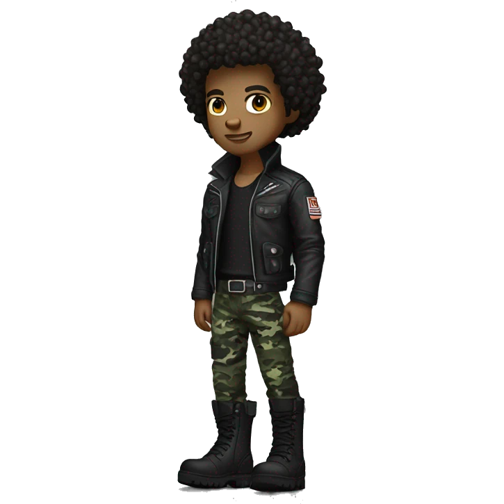 A dark skinned curly haired punk guy with urban camo pants and tactical boots and wearing a Leather jacket emoji