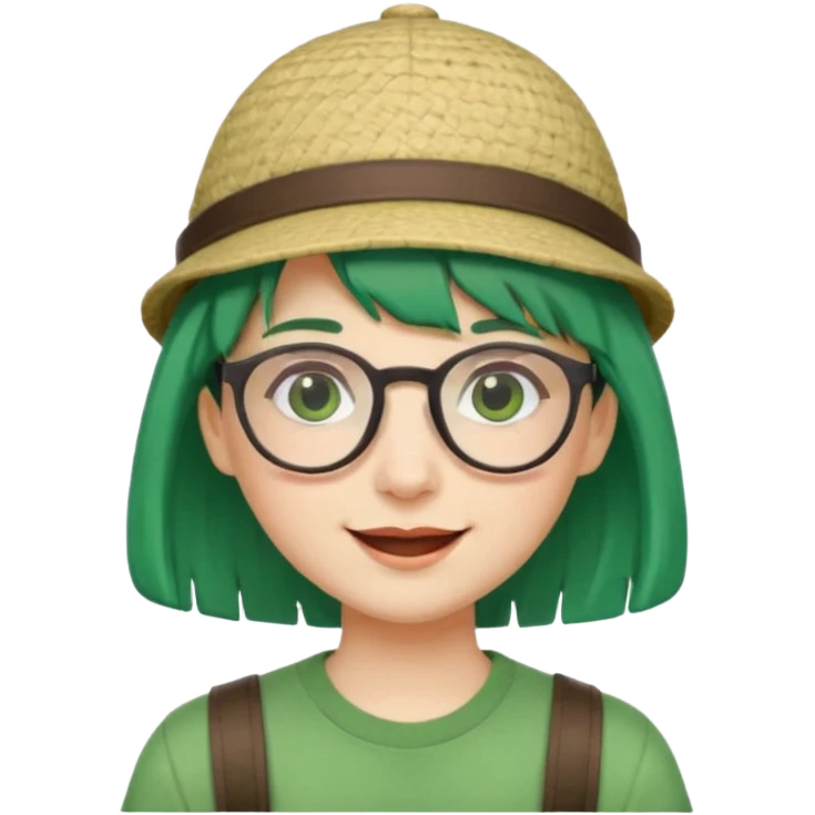 bangs, cute tourist hat, green hair very happy and glassess emoji