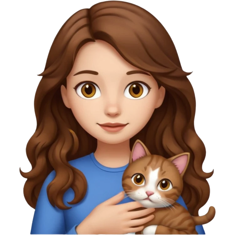a girl with long wavy brown hair and brown eyes holding a cat, emoji style emoji