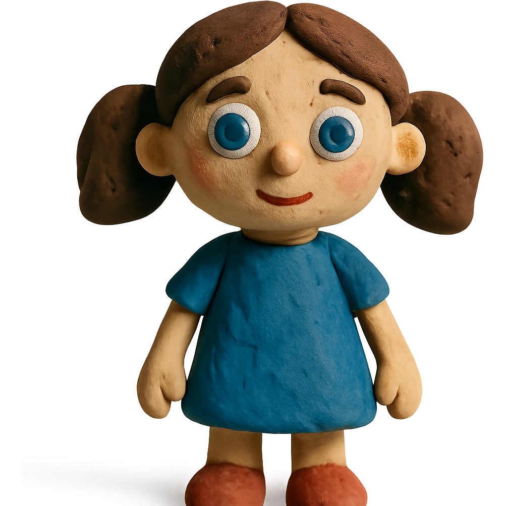 claymation style girl with brown hair and blue eyes emoji
