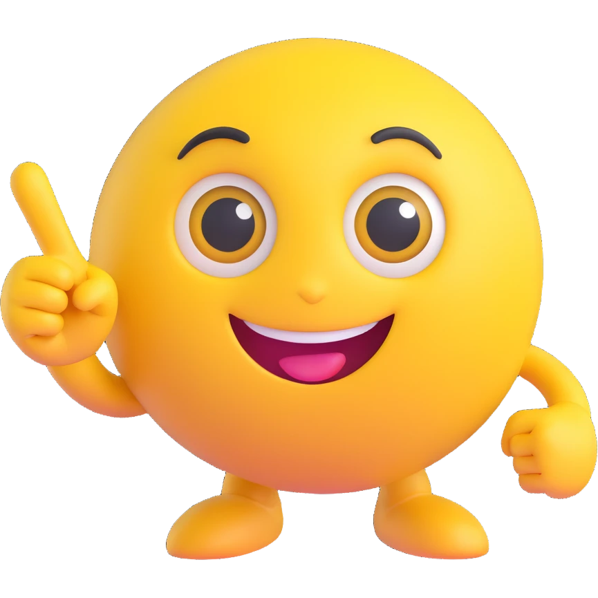 A yellow round emoji character with big eyes and a confident smile, clearly pointing both index fingers at itself. Strong “ME!” expression. Bold cartoon style, isolated on white emoji