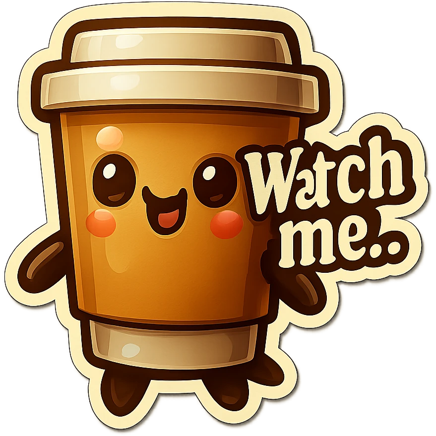 Tall coffee cup, giggling, mischievous eyes, "Watch me..." emoji