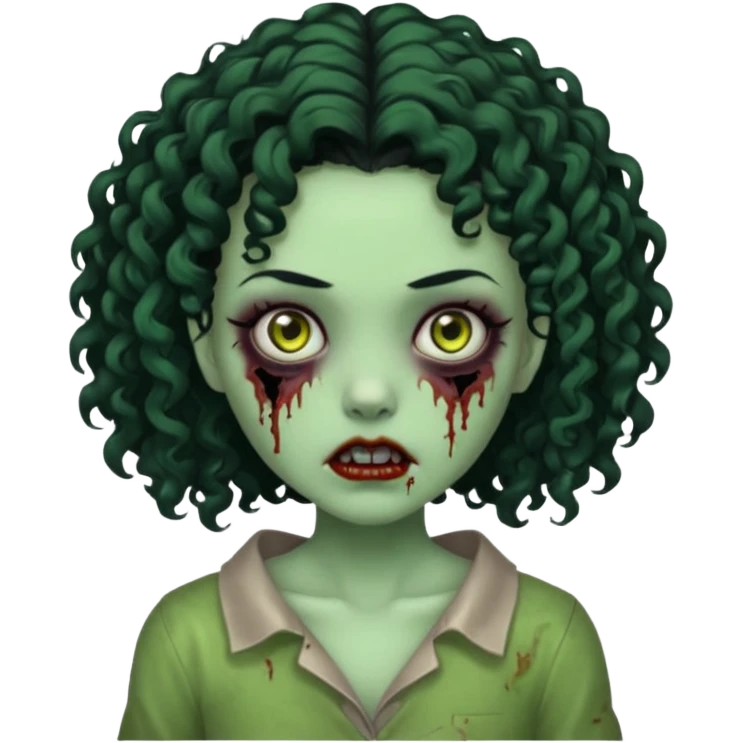 uma garota zumbi assustadora da pele verde e com cabelo 3b cacheado repartido ao meio preto curto ate o ombro emoji
