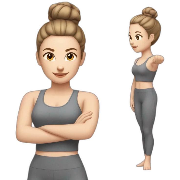Pale skinned fit woman In a gray tight yoga suit and wristbands With brown hair in a bun  emoji