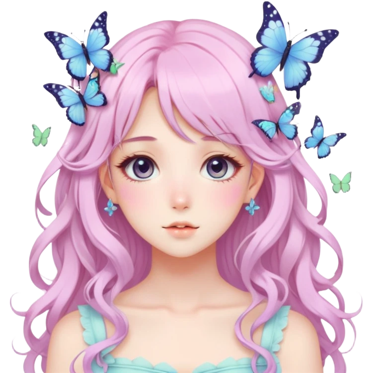 gorgeous anime pastel lady with butterflies and beautiful hair fairycore cottagecore emoji