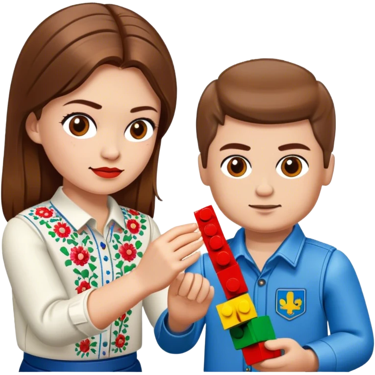 a Ukrainian girl with brown hair in an embroidered shirt and a Ukrainian boy in an embroidered shirt and Lego bricks emoji