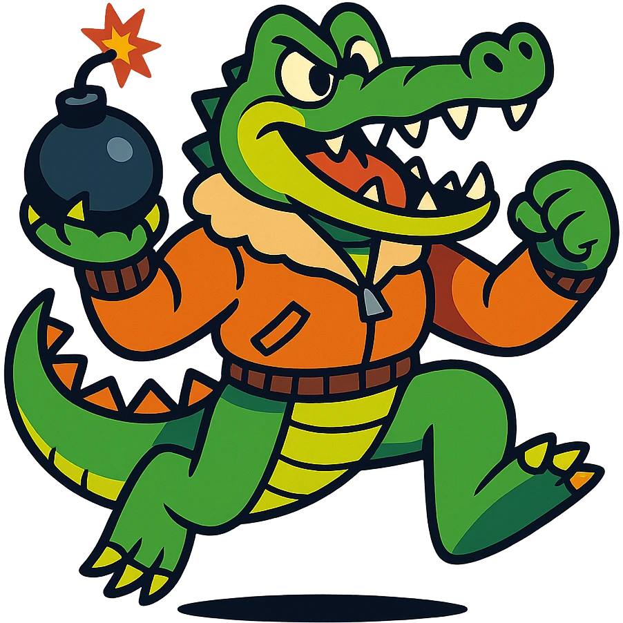 a crocodile dressed as a bomber, dynamic pose, cartoon style, vibrant colors, energetic, fun illustration emoji