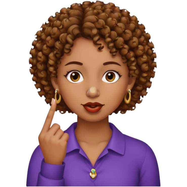 faça uma mulher com o cabelo curtinho cacheado com piercing no nariz e brincos e o dedo indicador no canto da boca morena, faça igual a segunda foto só que com o dedo na  boca mesmo  emoji