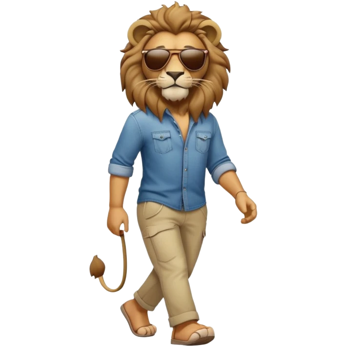 anthropomorphised lion in casual clothes with sunglasses walking upright, relaxed pose emoji
